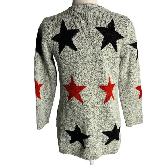 Open Front Marled Knit Cardigan Sweater S Black White Stars Pockets Long Sleeves - Picture 4 of 5